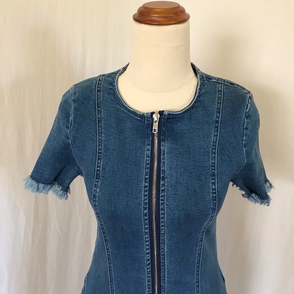 MISSGUIDED womens sz 10 stretch denim zip front frayed edge mid blue denim dress - Picture 2 of 16